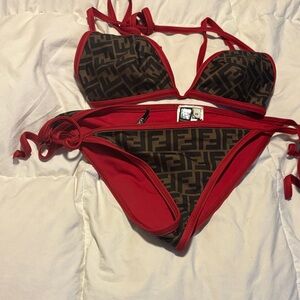Fendi Red and Brown Logo Bikini